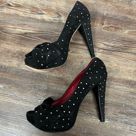 TARA SUBKOFF x BEBE Collab Swarovski Crystal & Bow Platform Peep Toe Stilettos - Picture 4 of 11